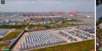 看到中國制造的特斯拉Model3s在港口等待出口到歐洲